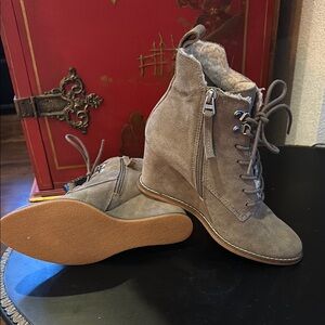 Tan Lace Up Boots with Wedge Heel and Suede Material